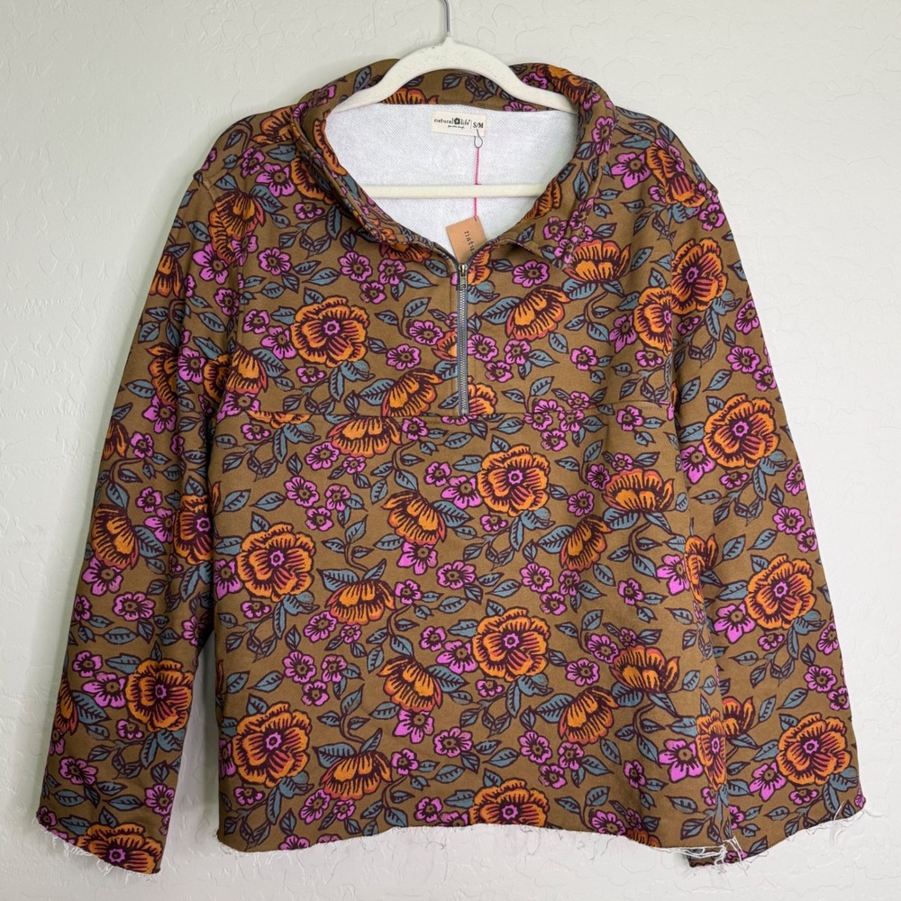 Natural Life Womens Cotton Pullover S/M Brown NWT Floral Quarter Zip Raw Hem